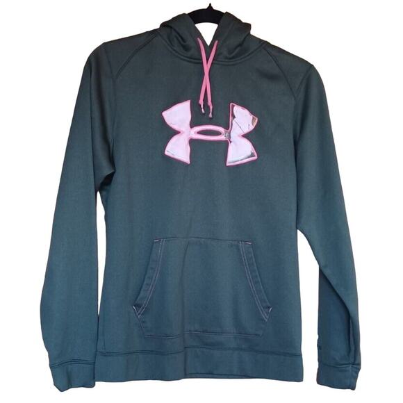 UNDER ARMOUR Sweatshirt Women's Medium Cold Gear Hoodie, Green, Camo Pouch Logo - Picture 2 of 6